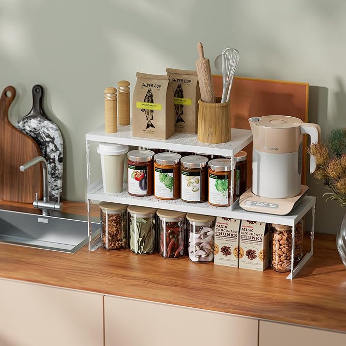 Adjustable Stackable Metal Storage Shelf Organizer - Expandable Wire Rack with Perforations for Kitchen, Pantry, Bathroom, Cabinet & Office-Compact, Durable & Sturdy (1PACK/Large/White)