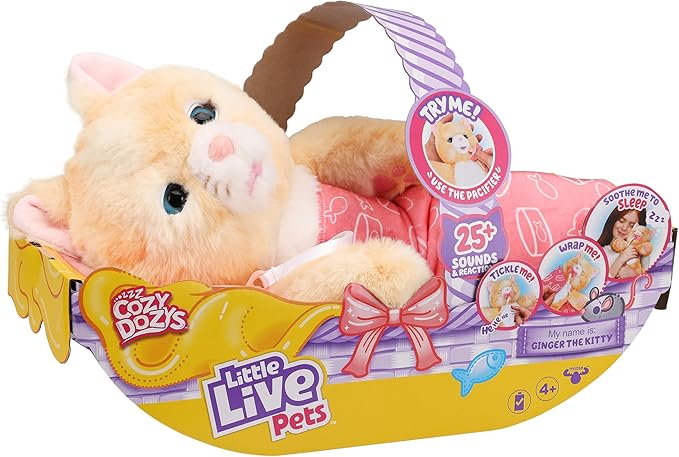 Little Live Pets Cozy Dozys Ginger The Pet Cat Toy, Interactive Plush Electronic Cat with 25+ Sounds, Soft Bedtime Kitty Toys for Kids of Ages 4+