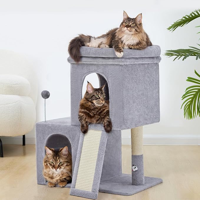 32inch Tall Cat Tree with 2 cat condo for Adult Cats Cozy Cat Tower with Scratching Post and Scrather Board for Cats of Different Ages.（Light Grey）