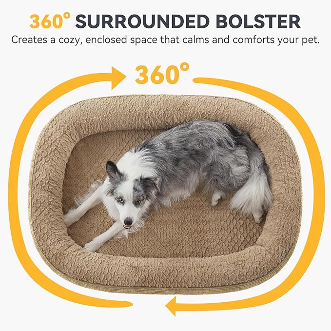 JOEJOY Orthopedic Dog Bed for Extra Large Dogs, Egg-Crate Memory Foam Pet Bed with Bolster Sides, Waterproof Lining, Removable Washable Cover & Non-Slip Bottom, Light Brown