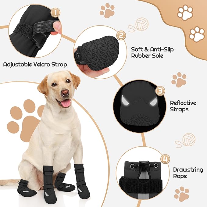 Dog Shoes, Waterproof Dog Boots & Paw Protectors, Breathable Dog Booties with Anti Slip Sole for Winter Snowy Day, Rainy Weather Indoor and Outdoor (Size 4, Black)