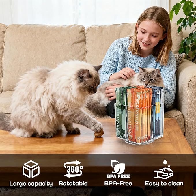 Lickable Cat Treats Organizer, Lazy susan Acrylic Squeeze Up Cat Food Storage Container, Essential storage for pet treats, Wet Cat Treats Storage for Kitchen Cabinet Pantry Shelf Countertop（Square）