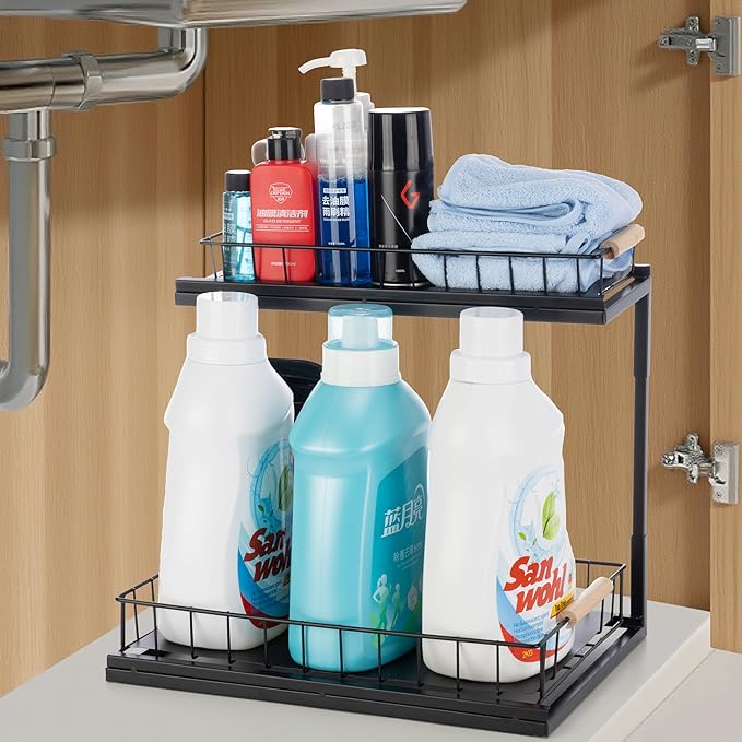 Under Sink Organizer, 2-Tier Pull-Out Cabinet Storage Shelf, Multi-Purpose Storage Racks, Metal Slide Out Drawer for Kitchen Bathroom Pantry Laundry Bedroom Closet, Black