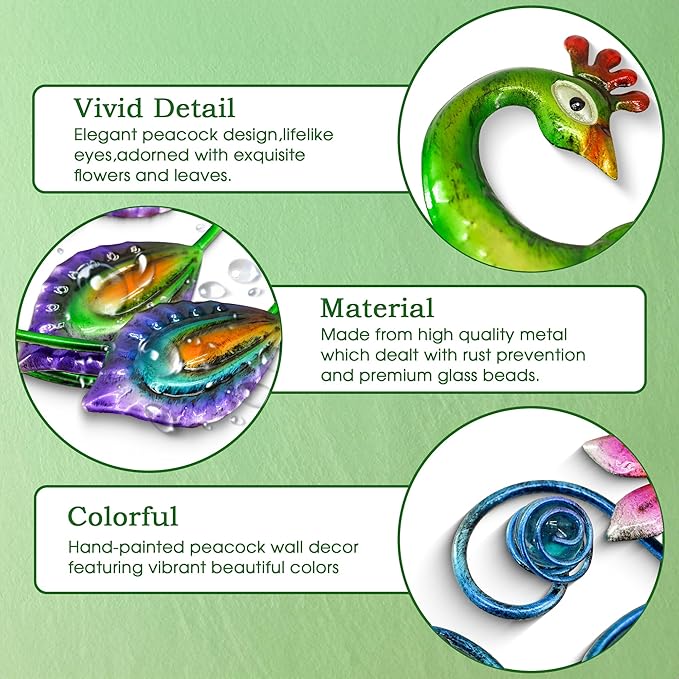 Voumsil Metal Peacock Wall Art Outdoor Wall Decor Tropical Wall Sculpture for Patio Balcony Garden Fence Art Living Room Bedroom Indoor Outdoor 2PCS