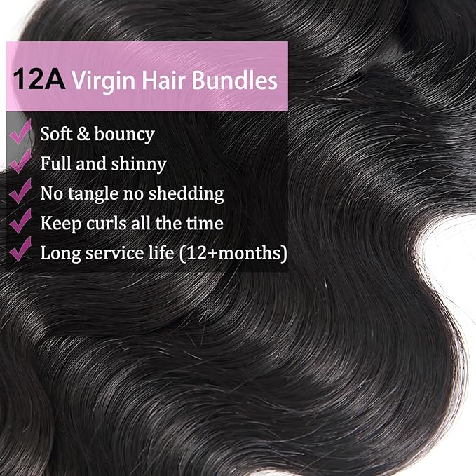 12A Human Hair Bundles Body Wave Bundles Human Hair 3 Bundles 26 26 26 Inch 100% Unprocessed Brazilian Virgin Hair 300g/Pack Real Human Hair Extensions Natural Black