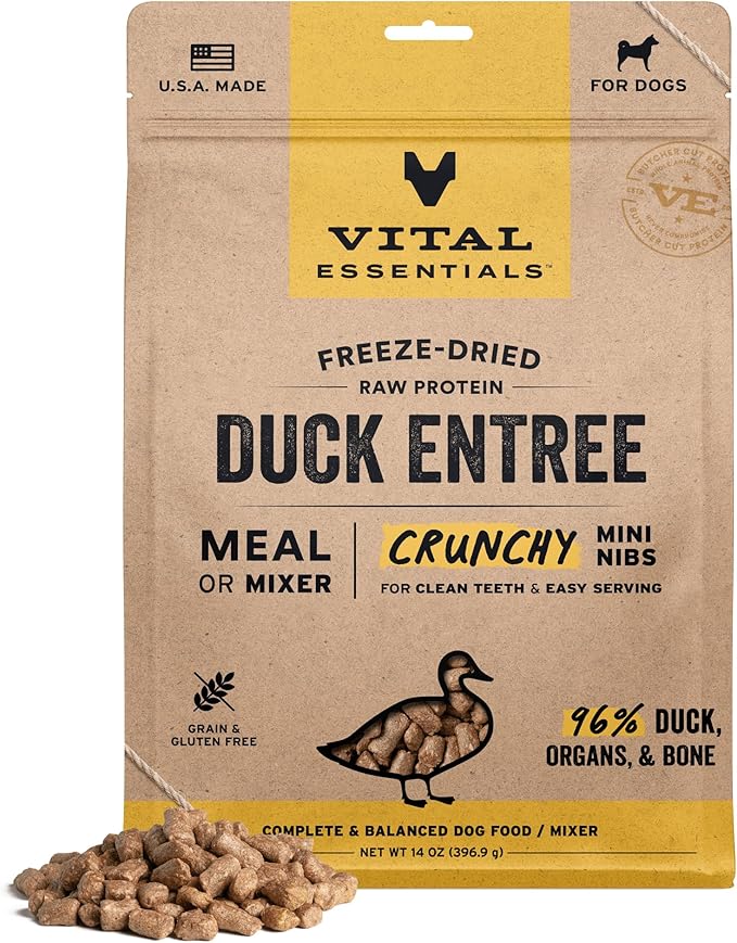 Vital Essentials Freeze-Dried Raw Duck Crunchy Mini Nibs | Complete Meal or Mixer Dog Food | 14 oz