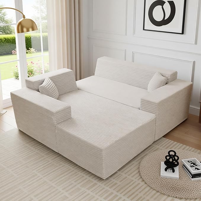 Claiks 110" Boneless Couch, Cloud Couch Sectional, U-Shape Corduroy Modular Sectional Sofa Deep Seat, Upholstered Couches for Living Room, No Assembly Required, Beige