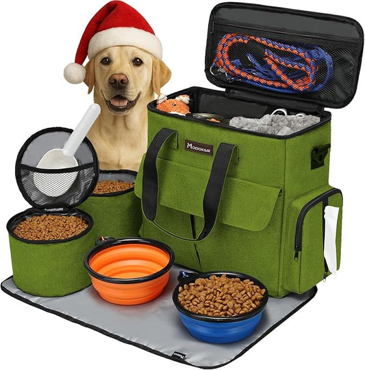 Modoker Dog Travel Bag, Weekend Pet Travel Set for Dog and Cat, Airline Approved Tote Organizer with Multi-Function Pockets and 2 Food Storage Containers, 2 Collapsible Bowls, 1 Feeding Mat (Green)