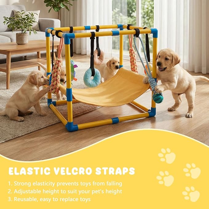 Puppy Play Gym with 8 Hanging Toys, Indoor Puppy Jungle Gym with Interactive Dog Enrichment Toys.PVC Frame with Small Dogs Hammock Enrichment Activity Center