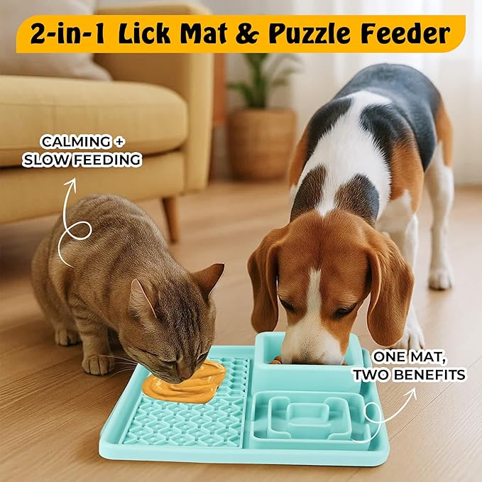 Cat & Dog Lick Mat with Suction Cups - 2-in-1 Silicone Lick Pad & Puzzle Feeder - Pet Food Mat for Anxiety Relief & Boredom - BPA-Free & Dishwasher Safe - Turquoise