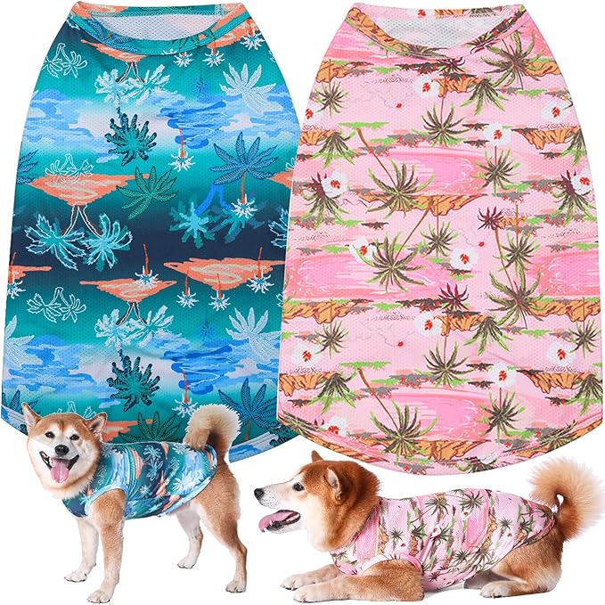 Dog Hawaiian Shirts,Summer Cooling Quick Dry Mesh Breathable T-Shirt Tops for Medium Boy Girl French Bulldog,Pink+Blue M