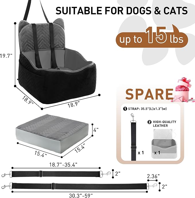 Dog Car Seat for Small/Medium Dogs Up to 30 lbs, Memory Foam Dog Booster Car Seats with Waterproof PU Cover, Pet Seat with Storage Pockets & 2 Safety Belt for Travel(Black)