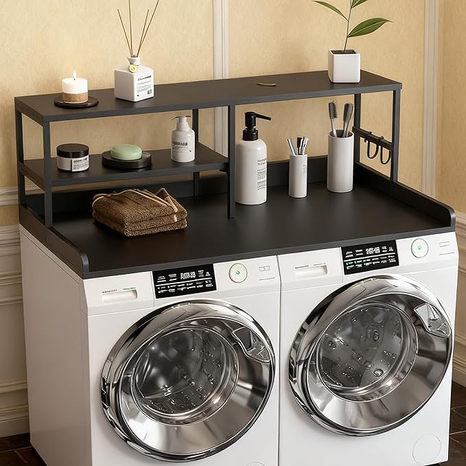 Washer and Dryer Countertop with Shelf, 2-Tier 54" x 27.5" Wood Laundry Countertop, Washer Dryer Topper with High Edge Rails and Hooks, Non-Slip Pads, Waterproof & Heat Resistant Top (Black)