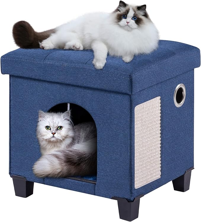 BRIAN & DANY Foldable Cat House, Cat Cave, Cat Cube with Scratch Board & Ball, 14.7" x 14.1” x 12.7”, Blue