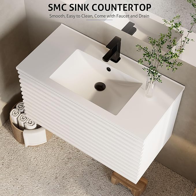 eclife 36" Floating Bathroom Vanity with Sink Combo Mid-Century Wall Mounted Cabinet with Wood Stripes Decor, Drawers, Undermount Sink, Faucet, Drain, Mixed White