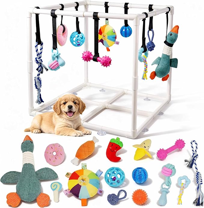 Puppy Play Gym with 15 Puppy Toys, Indoor Jungle Gym with Puppy chewingToys for Teething & Mental Stimulation, 23.2" Small Dog Play PVC Frame with Straps and Storage Bag