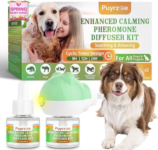 Dog Calming Diffuser with Timing Functions, 3-in-1 Dog Anxiety Relief Diffuser Kit, 120-Day Anxiety Relief, Stress Relaxation Pheromones Calming for All Dogs (1 Diffusers + 2 Refills)