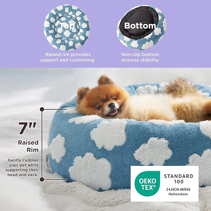 LE SURE Donut Dog Beds for Small Dogs - Round Cat Beds for Indoor Cats for Calming Pet with Washable Cover, Cute Modern Beds with Jacquard Shaggy Plush & Anti Slip Bottom, 23 Inch, Blue