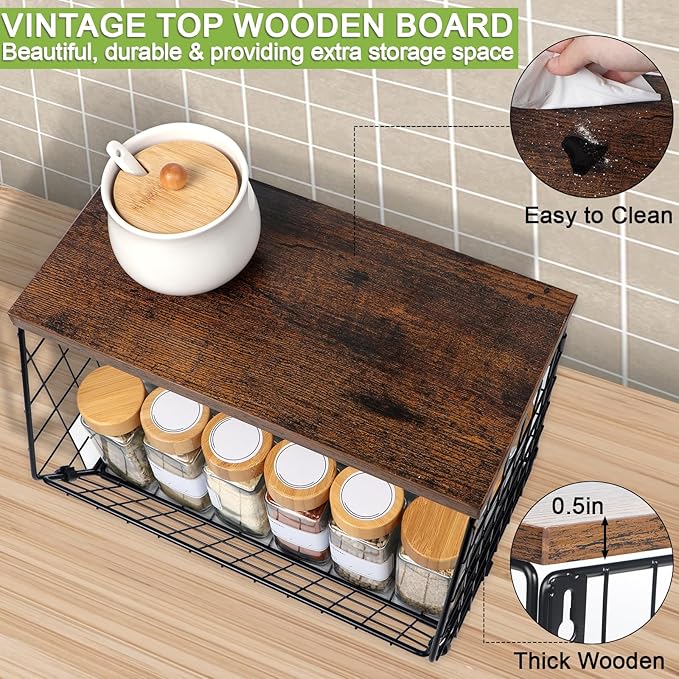 2 Tier Fruit Basket for Kitchen Counter, Hanging Fruit Baskets for Kitchen, Wall Basket Storage with Hooks, Stackable Wire Baskets for Storage Pantry, Potato and Onion Storage Bins with Wooden Lid