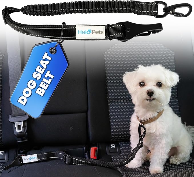 Dog Car Seat Belt 3-in-1 Adjustable Safety Seatbelt for Dogs in Car – Durable Extra Thick Nylon Webbing Bungee with Hook & Buckle Latch, Reflective Dog Harness (Black).