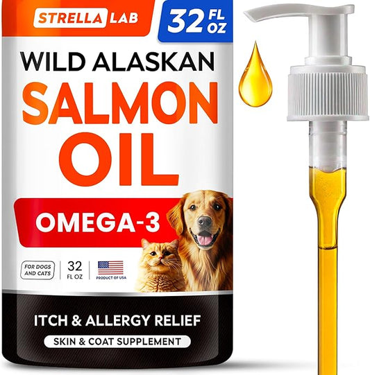 STRELLALAB Wild Alaskan Salmon Oil for Dogs - Natural Omega 3 for Dogs & Cats, Itch & Allergy Relief, Skin & Coat Support - Fish Oil Liquid, EPA+DHA Fatty Acids for Hip&Joint, Immune Health 32 OZ
