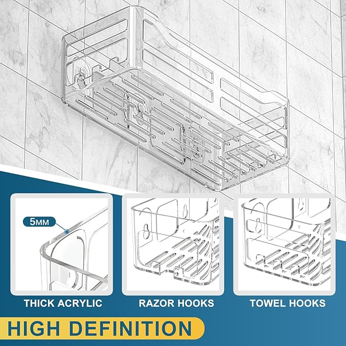 JiePai Acrylic Shower Caddy, Clear Wall Mounted Bathroom Organizer with Hooks, No-Drill Adhesive Shower Shelf for Shampoo, Soap & Toiletries, Waterproof Rustproof, 2 Pack