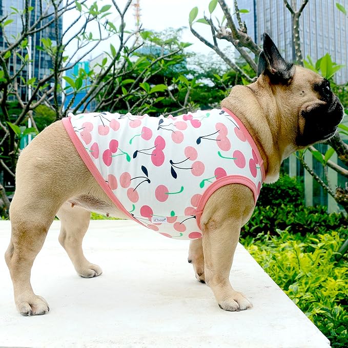 iChoue 100% Breathable Cotton French Bulldog Halloween Cartoon T Shirts Cute Clothes for Medium Dogs Vest Tank Tops Frenchie English Boston Terrier Pitbull Cherry - Large Plus