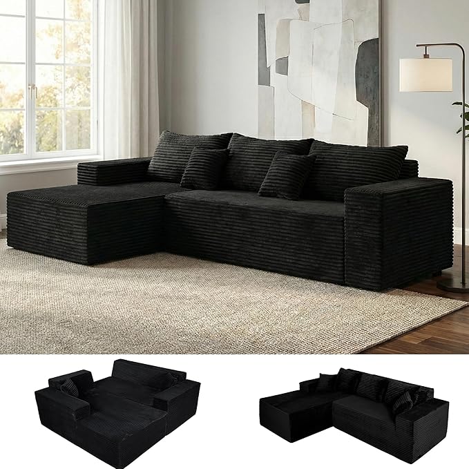 Claiks Boneless Couch, Cloud Couch Sectional, L-Shape Corduroy Modular Sectional Sofa Deep Seat, Upholstered Couches for Living Room, No Assembly Required, Black, Left Facing Chaise