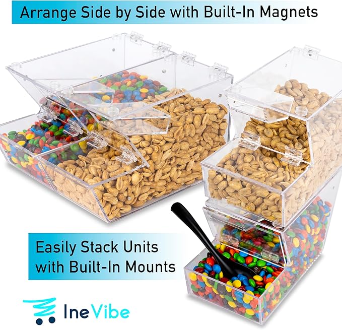 Candy Bin Topping Dispenser - Acrylic Bulk Sprinkle Container with Scoop, Stackable & Magnetic for Multiple Holders - For Cereal, Nuts, Candies & Snack Food Storage - 2 Pack