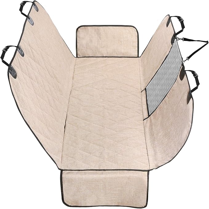 VIVAGLORY Dog Car Seat Covers, Hammock Seat Cover Mesh Visual Window with Extra Strap & Buckles, Waterproof & Nonslip Car Back Seat Cover Convert to Bench Seat Cover & Trunk Liner, Heather Khaki S
