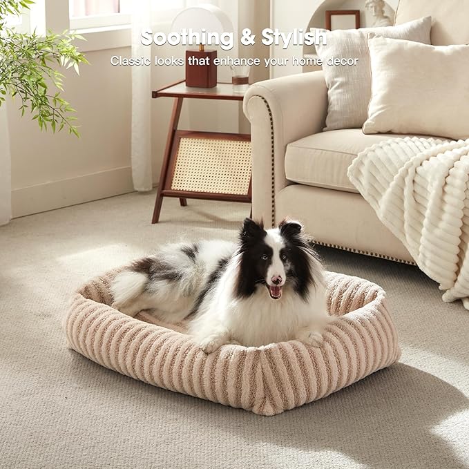 MIXJOY Dog Beds Large Sized Dogs, Washable Dog Bed with Removable Cover, Soft Rectangle Dogs Ded Fluffy Plush Faux Fur Pet Bed with Anti-Slip Bottom, 36"x27"x8", Beige