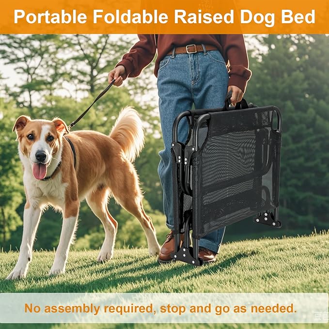 Foldable Elevated Dog Cot, No Assembly Need, Waterproof Folding Raised Dog Bed, Outdoor Dogs Cot Cooling Pet Hammock Bed with Breathable Mesh for Small Medium Size Dogs, Chew-Proof, Black