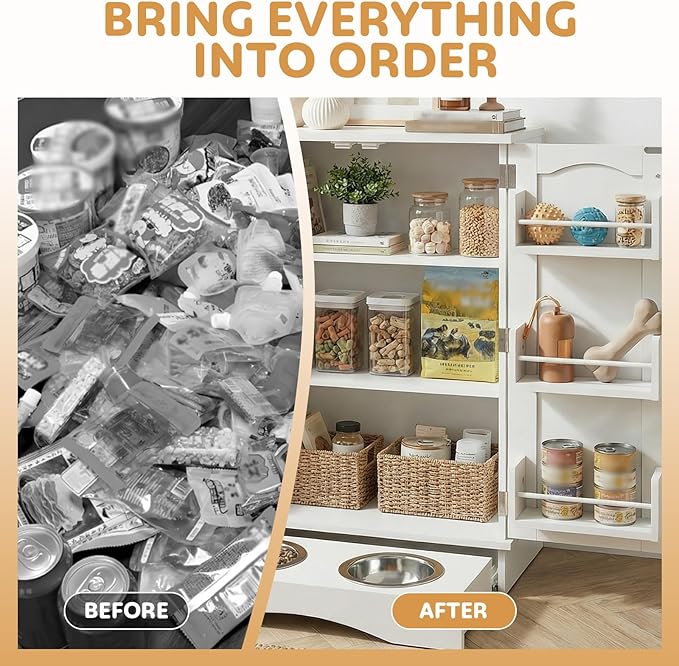 Dog Storage Cabinet with Bowls, Pet Food Storage Cabinet with Adjustable Shelves, Hidden Dog Feeding Station with Hooks, Letter Stickers, Pet Storage Organizer for Cats and Dogs, White