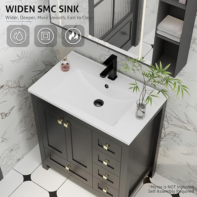 eclife 30" Bathroom Vanities with Sink Combo, Modern Thickened Wood Bathroom Storage Cabinet w/Undermount Sink, Matte Black Faucet Drain, Painted Surface, Black