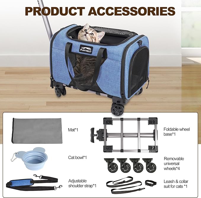 Cat Carrier with Wheels TSA Approved up to 13lbs, Rolling Airline Pet Carriers Under Seat 16.5 * 11 * 10.2in, Soft-Sided Bag for Small Cats and Dogs with Locking Safety Zippers and Pet Bowl, Blue