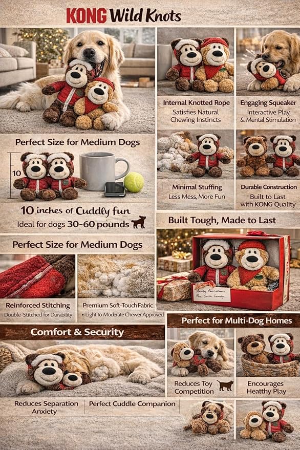 Wild Knots Bear Plush Squeaker Toys 2-Pack — Internal Rope, Minimal Stuffing, Medium Dogs