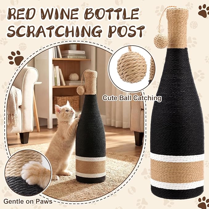 Shappy Cat Scratching Post 24 Inches Red Wine Bottle Simple Design Premium Cat Scratching Board with Hanging Sisal Ball Fiber Kitten Scratcher Suction Cup Base for Pet Toys Indoor Small Medium Kitten