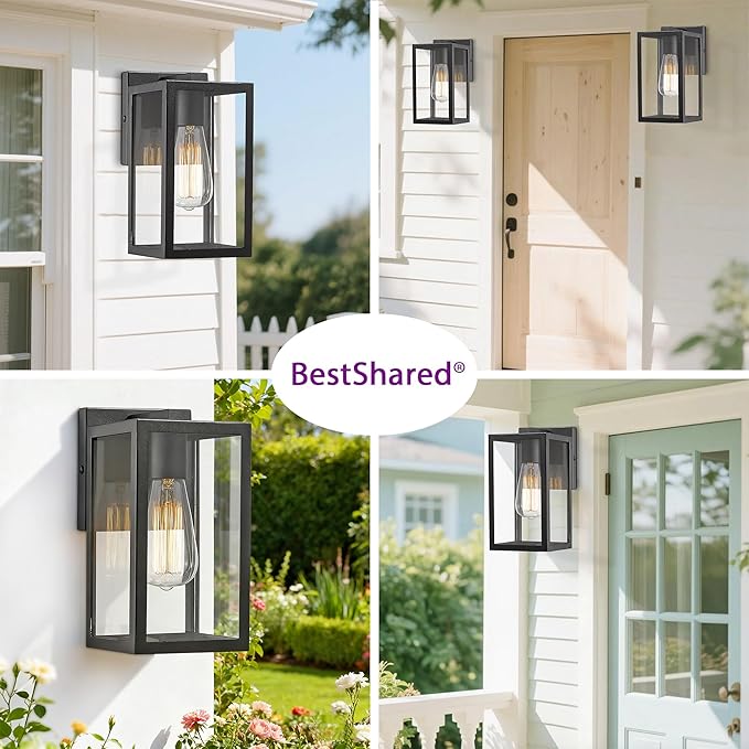 Bestshared Outdoor Wall Sconce, Exterior Wall Lighting Fixture, Outdoor Porch Mount Light, Front Door Lantern Lamp in Black Finish with Clear Glass for Porch(1 Pack)