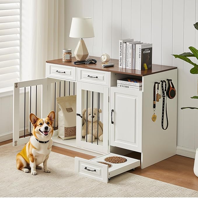 45.7" Dog Crate Furniture with Storage Drawers & Hidden Bowl, Wooden Indoor Dog Kennel Furniture with Food Storage Cabinet/Hooks, Dog Crate End Table TV Stand for Small/Medium/Large Dogs, White