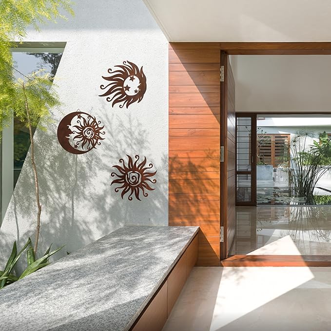 Limygus Sun Moon Metal Wall Art - Rust Colored Rust Proof Wall Sculpture Set of 3 for Indoor & Outdoor Decor for Bedroom, Garden, Patio, Farmhouse
