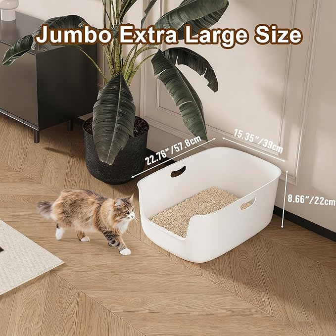 Low Entry High Sided Plastic White Cat Litter Box 22.8x15x8.66 Inch with Splash Guard - One-Piece Smooth Interior Easy Clean for Senior Kittens Mobility-Impaired Cats & Large Breeds