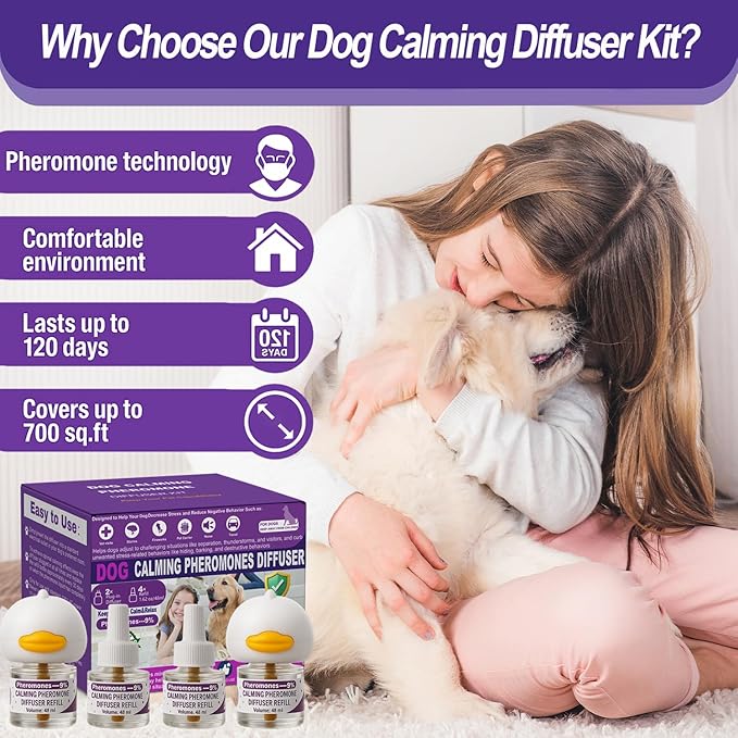 Dog Calming Pheromones Diffuser & 6 in 1 Kit Appeasing Dog Pheromone Diffuser to Calm (2 Plug in+4 x48ml Refill) Dog Calming Diffuser Anxiety Reduce Aggression Fighting Barking Stress 120 Day Supply
