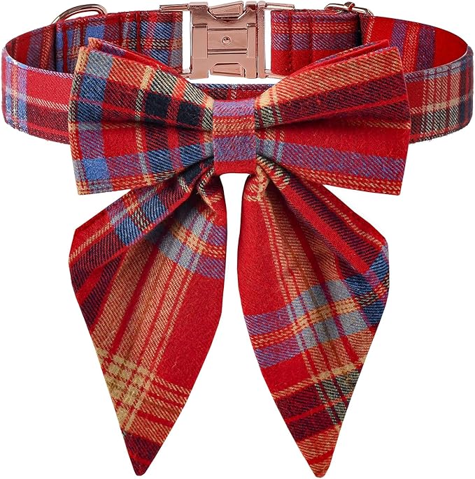 Vehomy Christmas Dog Collar with Bow Adjustable Plaid Collar with Bowknot Christmas Day Pet Accessory Plaid Bowtie Collars for Small Medium Large Dogs L