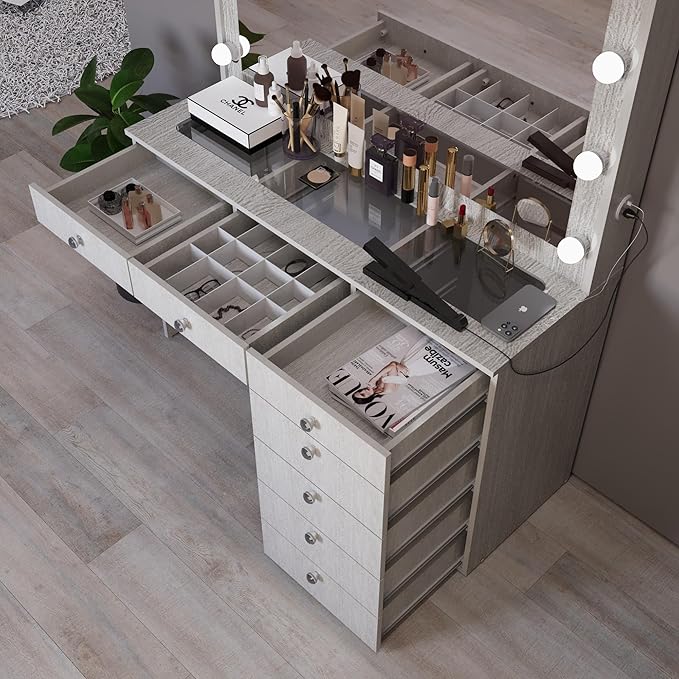 Boahaus Serena White Makeup Vanity with Mirror and 11 Lights, 7 Drawers, Glass Top, Crystal Knobs, USB-A & USB-C Ports, 110V Power Outlet, Bedroom Vanity Desk (Grey)