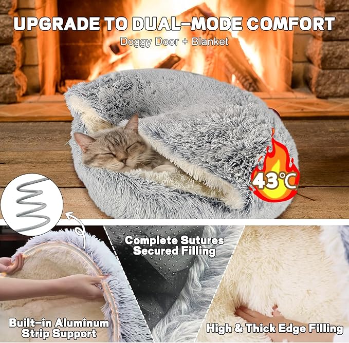 YUDANSI Calming Small Dog Bed & Indoor Cat Bed - Plush Fluffy Hooded Cave Nest, Anti-Slip Self-Warming, Washable Built-in No-Collapsing Support (Grey-65cm/26in)