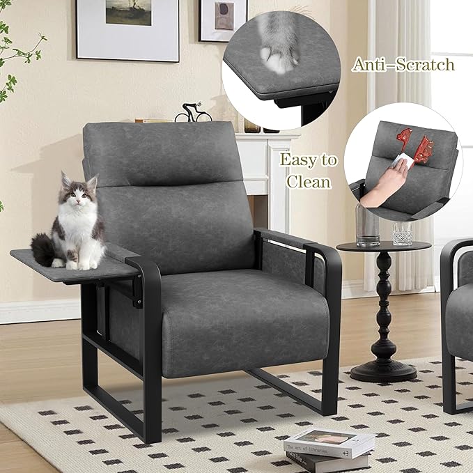 Modern PU Leather Accent Chairs Set of 2 Upholstered Armchairs with Tray Table Leisure Side Chairs for Living Room Bedroom Office Grey
