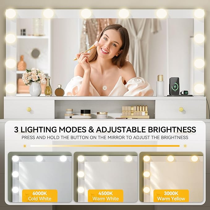 YITAHOME Large Vanity Desk with Mirror and Lights, Big Makeup Vanity with Power Outlets & 11 Drawers, 3 Lighting Modes Adjustable Bedroom Dressing Table for Bedroom, Dressing Room, White
