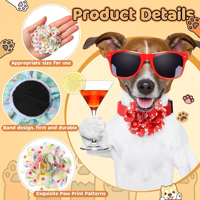 50 Pieces Paw Print Dog Collar Flowers Bulk Cute Footprints Dog Charms Grooming Accessories Bowtie Flower for Puppy Cat Collar Attachment Embellishment Pets Party Costume