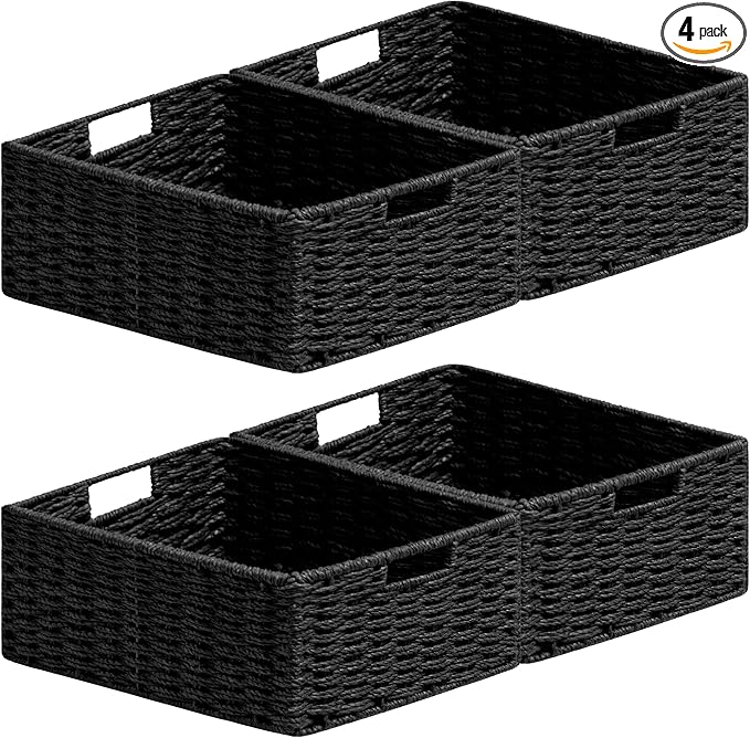 joybest Black Wicker Baskets, Hand-woven Storage Baskets for Organizing, Foldable Rectangular Storage Organizer Bins for Shelves with Built-in Handles 13L x 10W x 5H inch, 4-pack