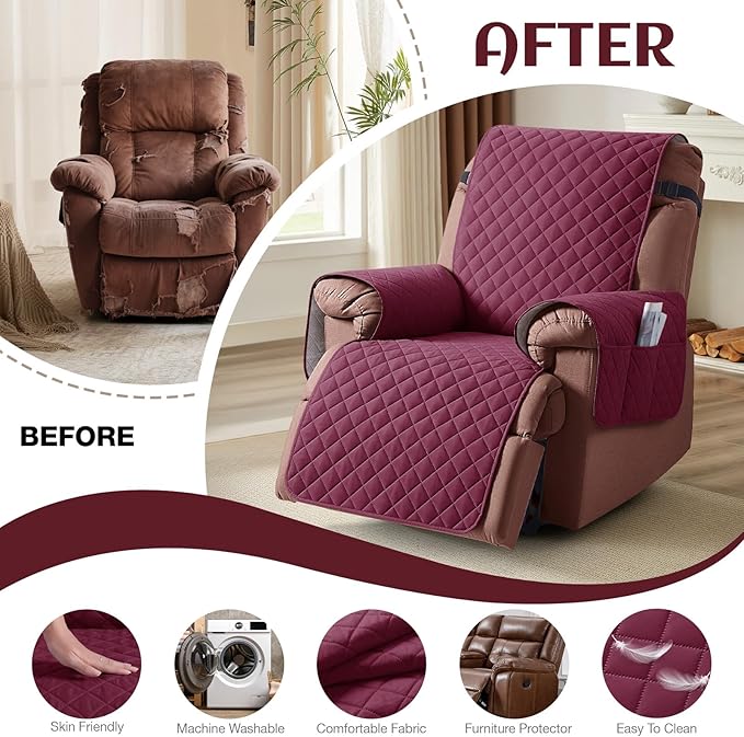 KinCam 100% Waterproof Recliner Chair Cover, Reclining Couch Covers for Pets, Dogs, Recliner Couch Slipcover Furniture Protector with Elastic Straps for Kids(23.6", Burgundy)